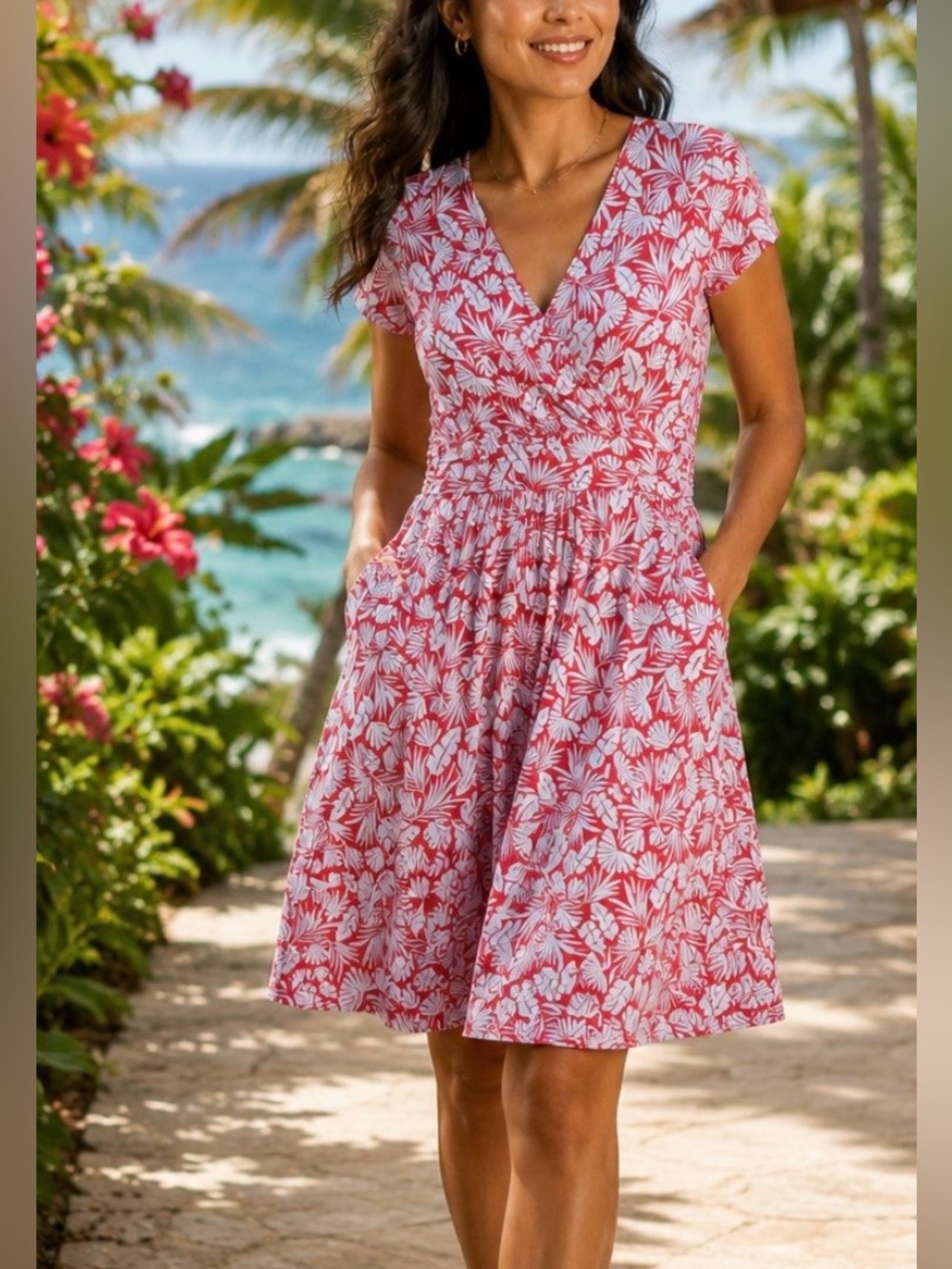Boden Lola Jersey Dress Women’s 14 R Cherry Red Surf Blue Palm Print Fit & Flare